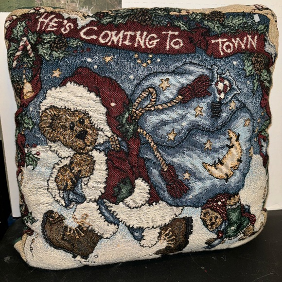 Boyds Bears Christmas He's Coming To Town Vintage Holiday Tapestry Throw Pillow - Picture 1 of 3
